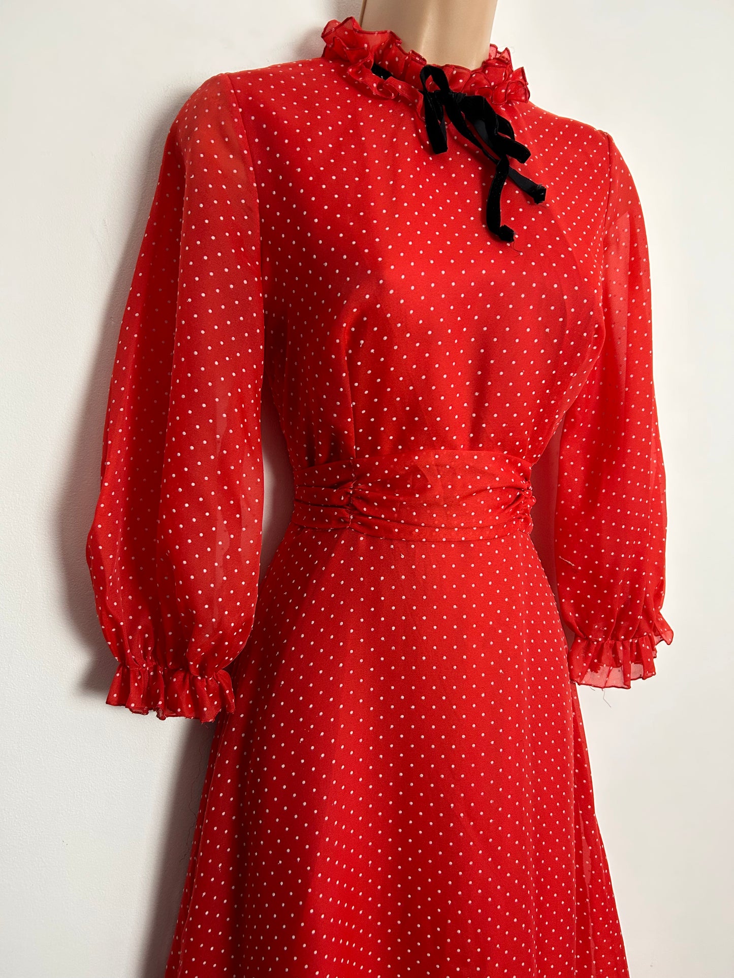 Vintage 1970s UK Size 6 Red & White Polka Dot Print Long Sleeve Prairie Boho Maxi Dress