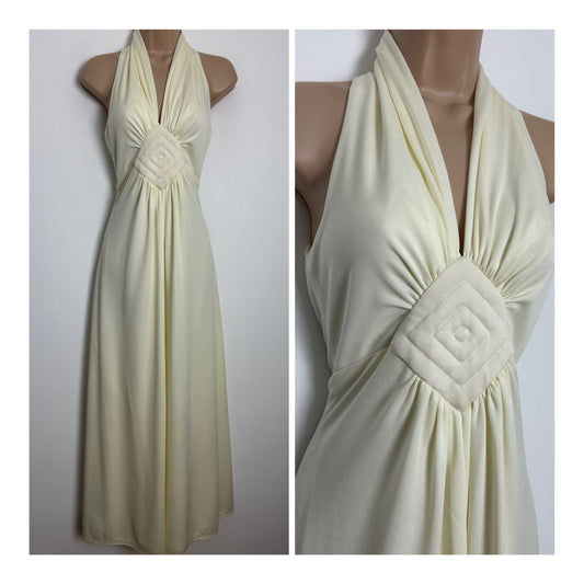 Vintage 1970s Size 6 Beautiful Cream Diamond Stitch Detail Halterneck Empire Line Summer Occasion Maxi Dress