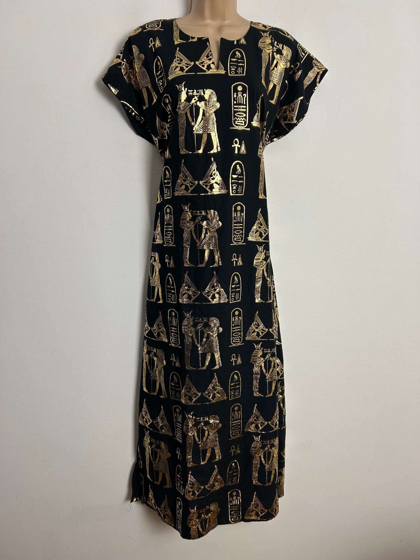 Vintage 1990s Y2K Up To Size 12/14 Black & Metallic Gold Egyptian Print Cotton Mix Kaftan