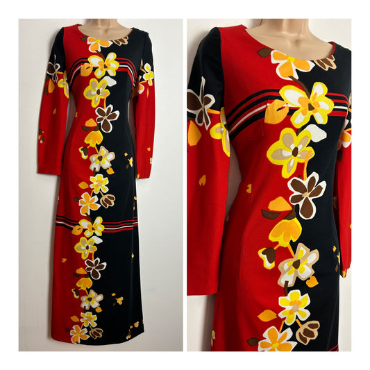 Vintage 1970s UK Size 10-12 Black Red Orange & Yellow Bold Floral & Stripe Print Long Sleeve Maxi Dress