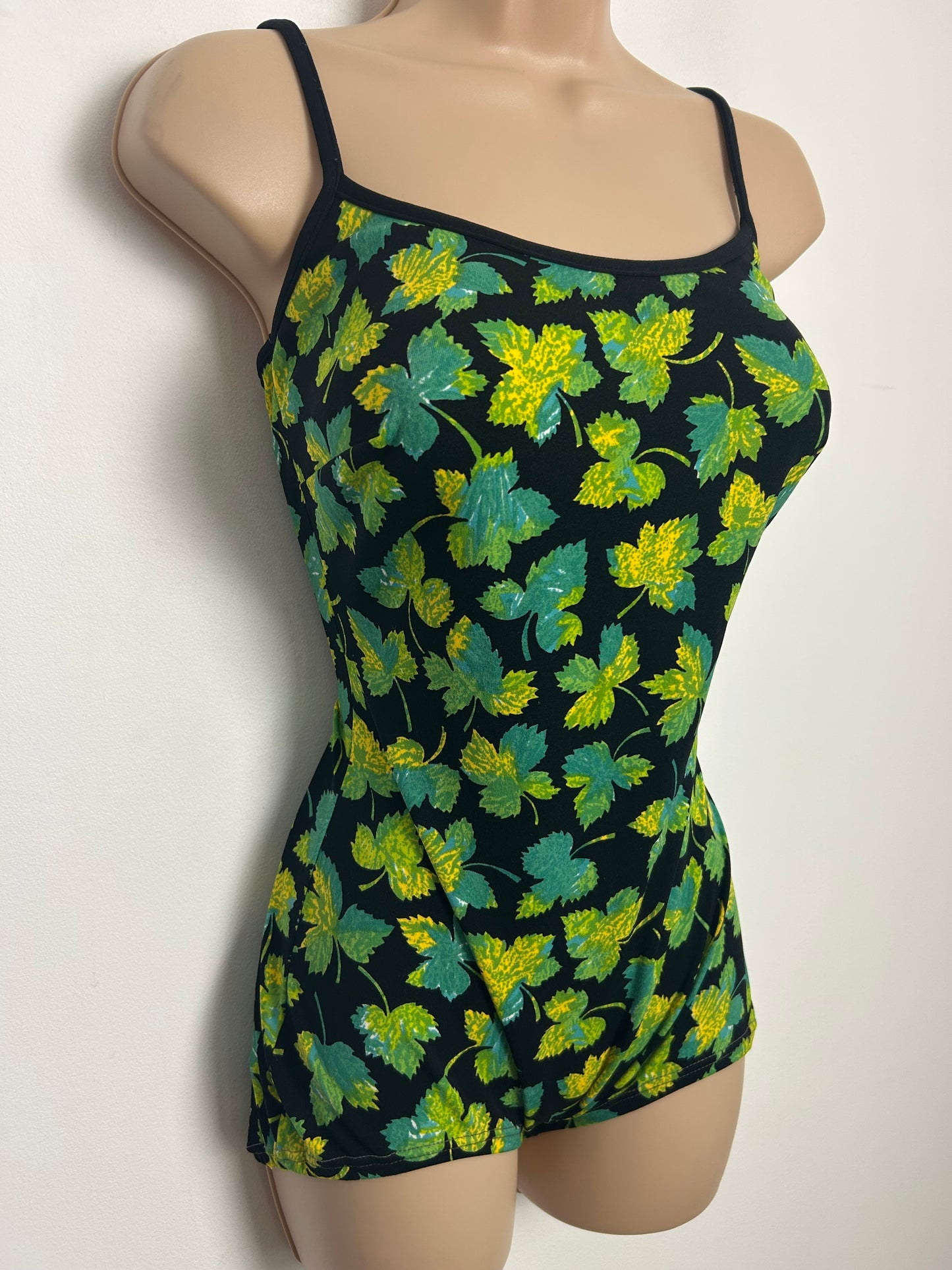 Vintage Late 1960s SYMPHONIE Size 10 Black Green & Yellow Leaf Print One Piece Swimsuit