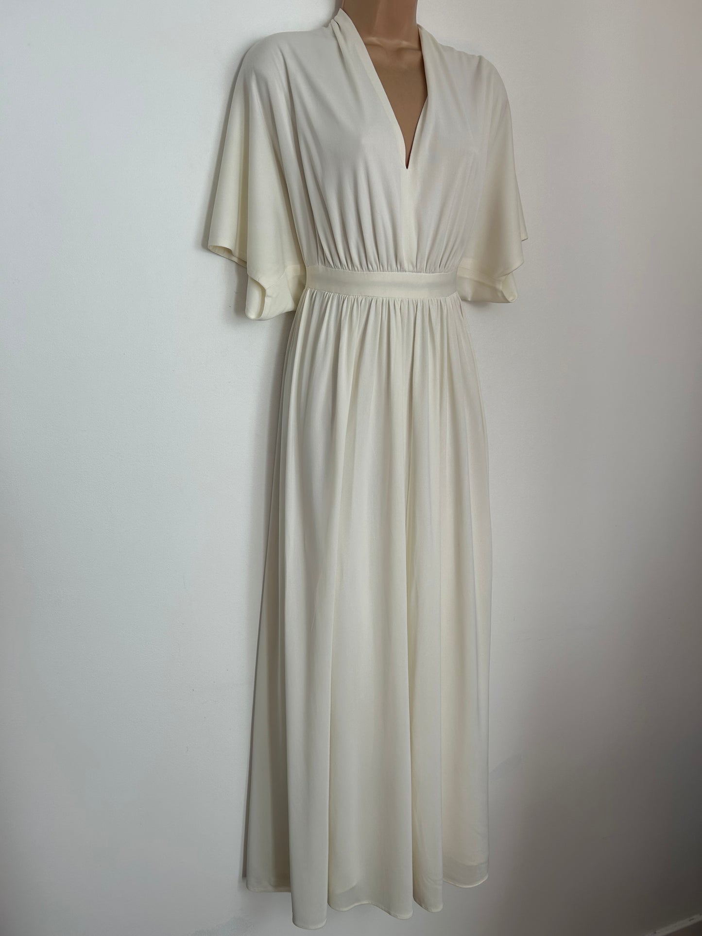 Vintage 1970s FRANK USHER LONDON UK Size 10 Ivory Short Flared Sleeve Occasion Summer Maxi Dress