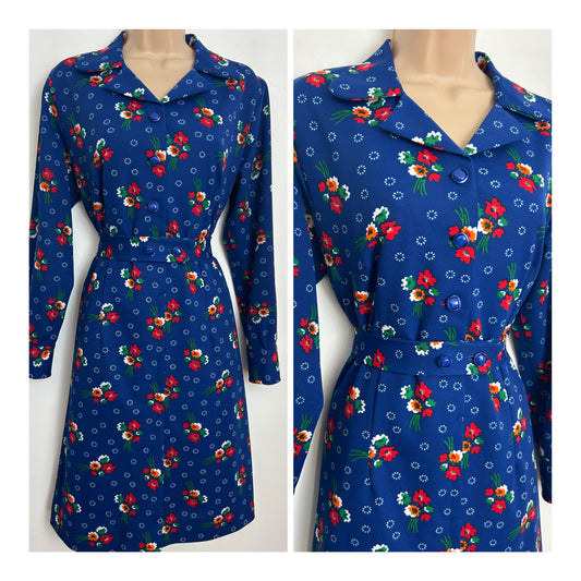 Vintage 1970s Size 12-14 Blue Red Orange & White Floral Print Long Sleeve Belted Mod Dress