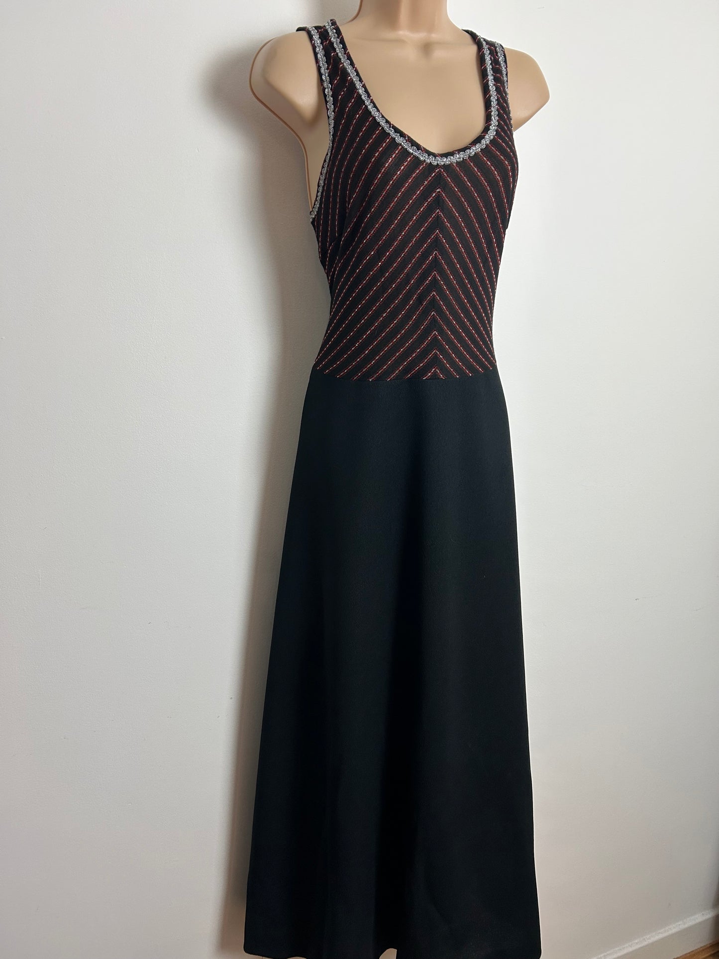 Vintage 1970s Size 14 Black Red & Silver Stripe Braid Trim Evening Party Maxi Dress