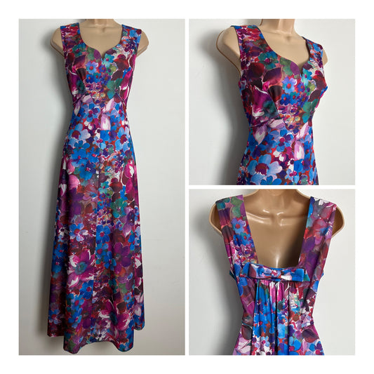 Vintage 1970s CARNEGIE OF LONDON Size 12 Maroon Purple & Blue Floral Print Bow Back Maxi Dress