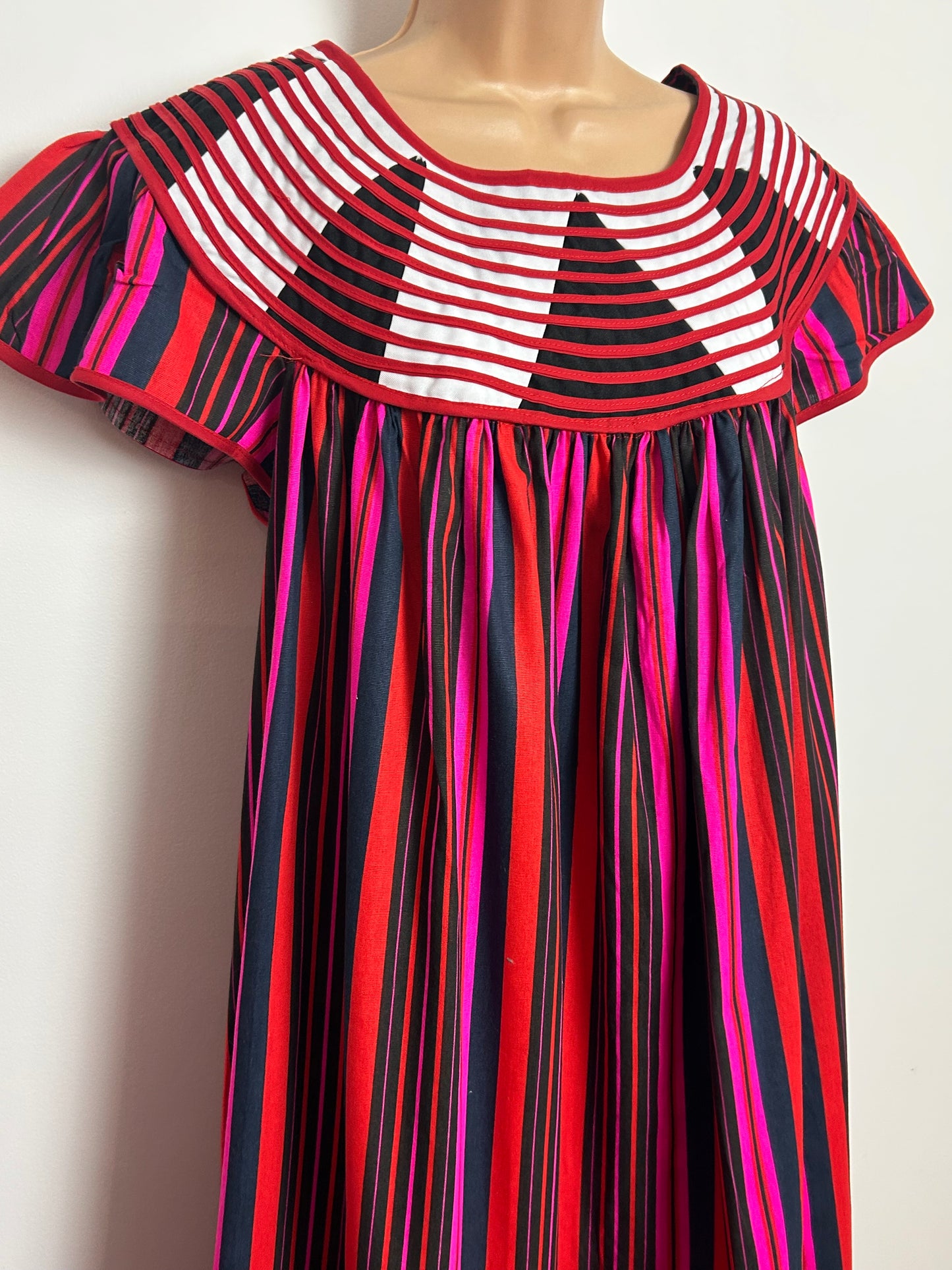 Vintage 1980s Size 12 Black Red Pink Stripe Braid Trim Cotton Smock Style Dress