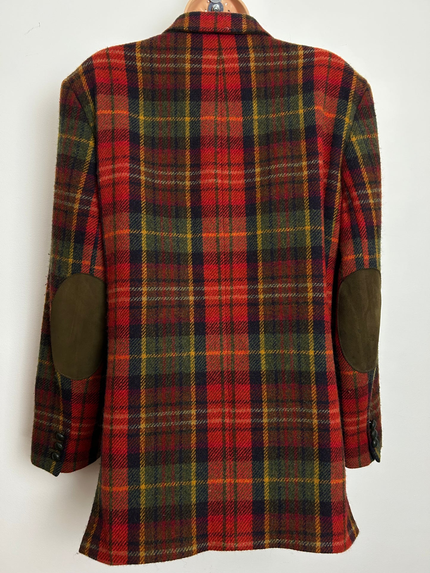 Vintage DAKS SIGANTURE Size 14-16 Red Green & Yellow Tartan Check Wool Blazer Jacket With Elbow Patches