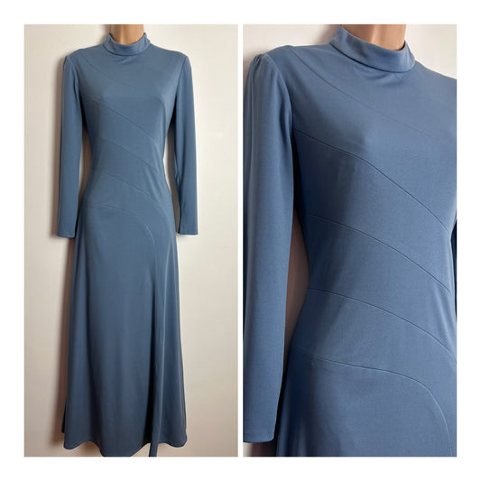 Vintage 1960s JEAN ALLEN Size 8 Powder Blue Long Sleeve Panel Detail Occasion Maxi Dress
