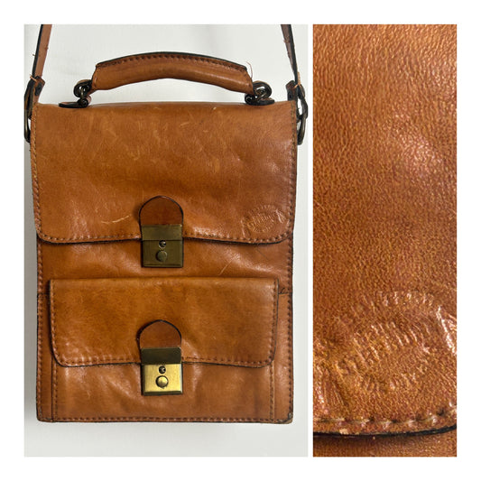 Vintage 1970s Italian "THE WIZARD" Tan Brown Leather Satchel Style Handbag/Shoulder Bag