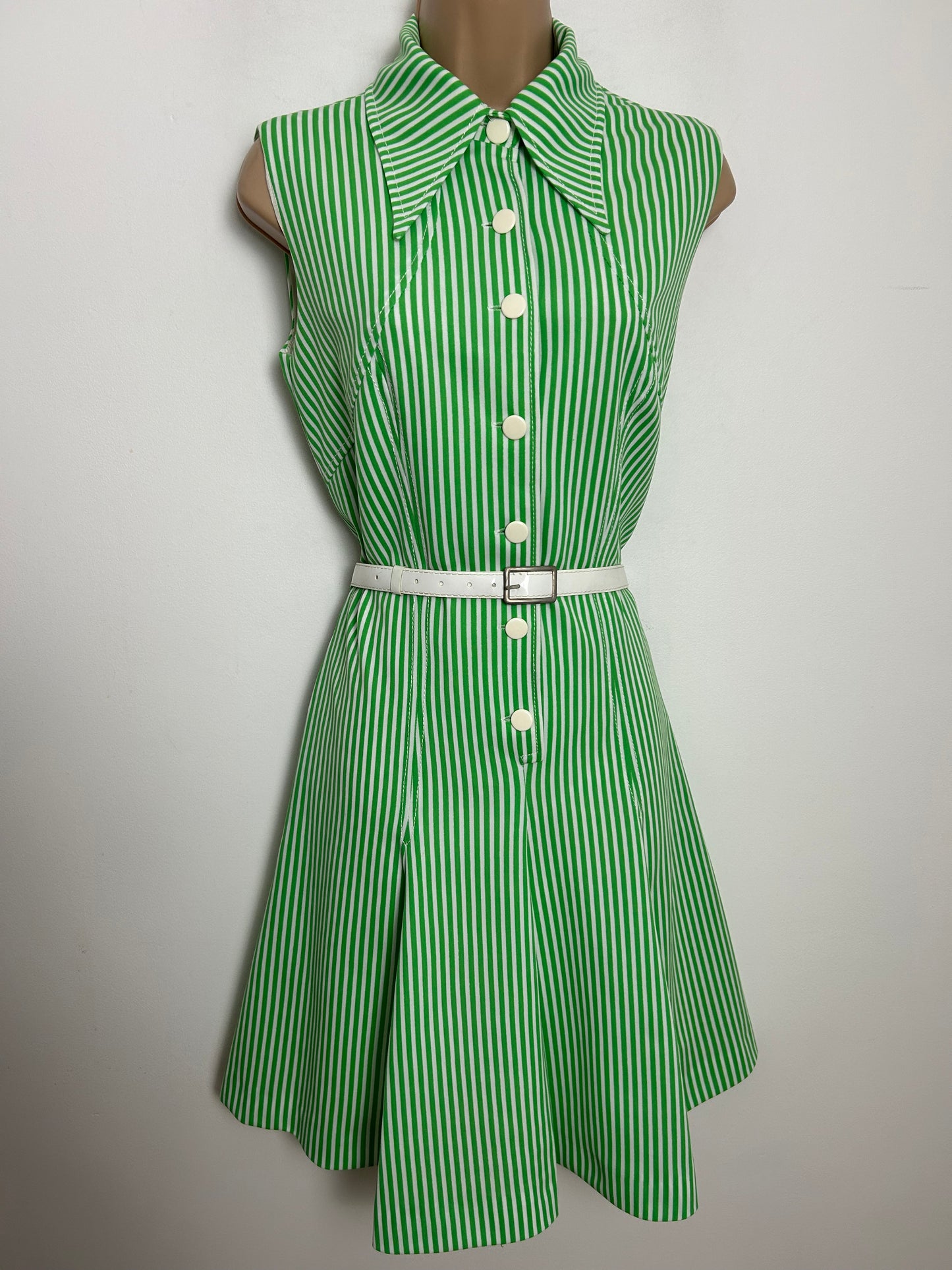 Vintage 1970s Size 10 Green & White Stripe Print Sleeveless Belted Fit & Flare Mod Dress