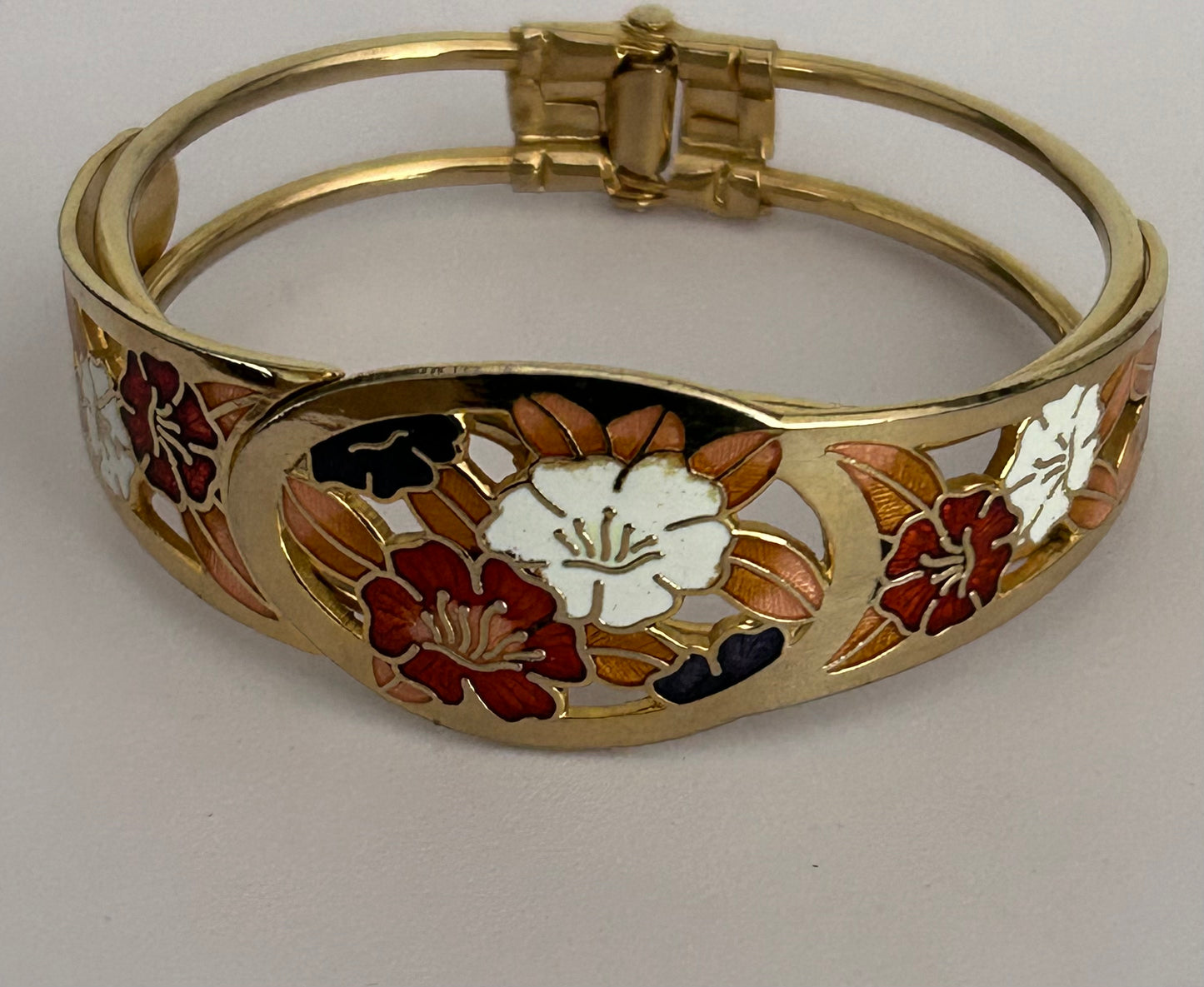 Vintage Gold Tone & Cloisonne Enamel Flower Pattern Cut Out Detail Hinged Cuff Bangle Bracelet