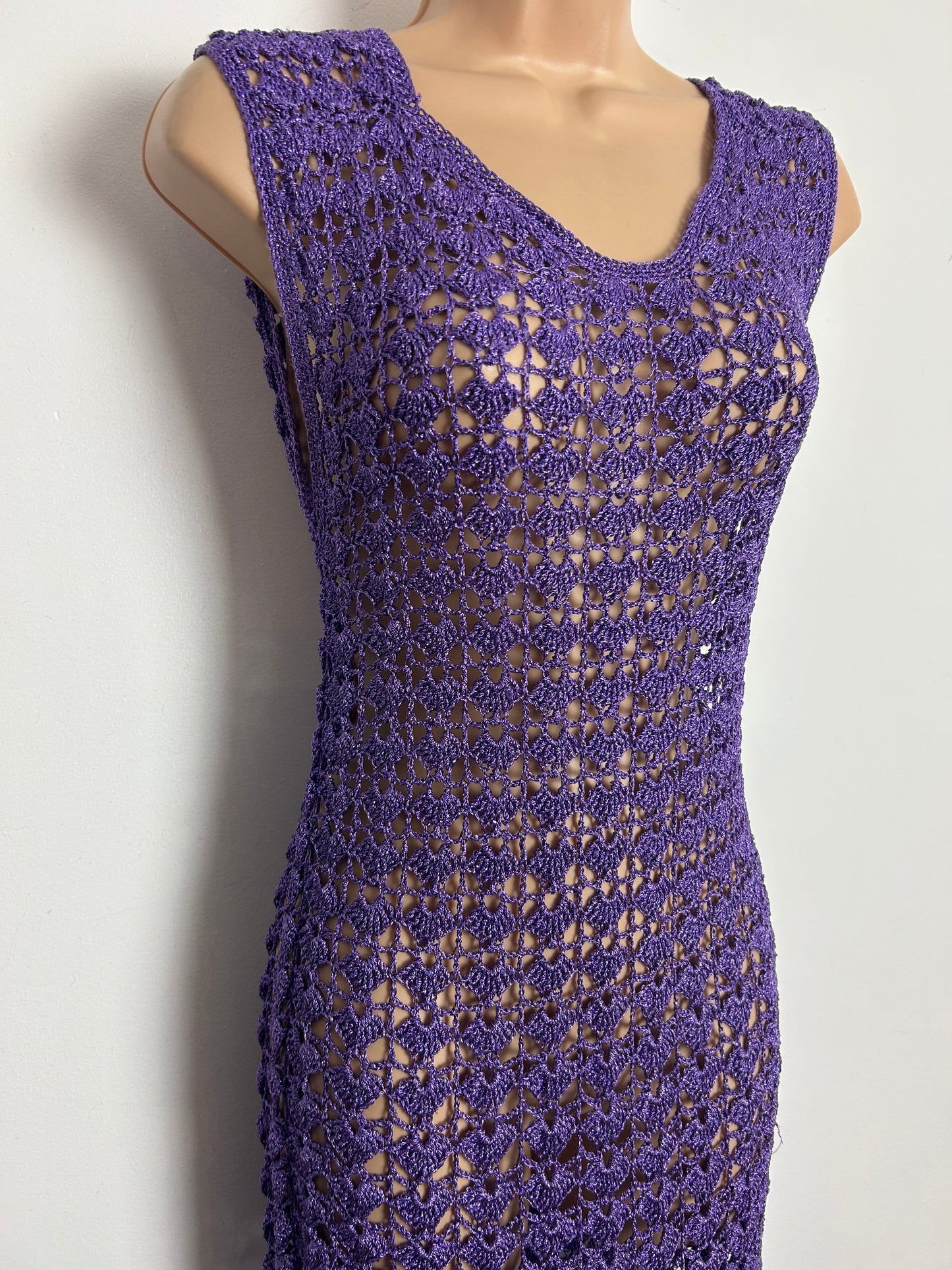 Vintage 1980s Size 12-14 Purple Glitter Crochet Sleeveless Party Occasion Midi Dress