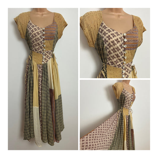 Vintage 1980s RENE DERHY Size 8 Beautiful Mixed Patchwork Cotton Romantic Prairie Boho Midi Dress