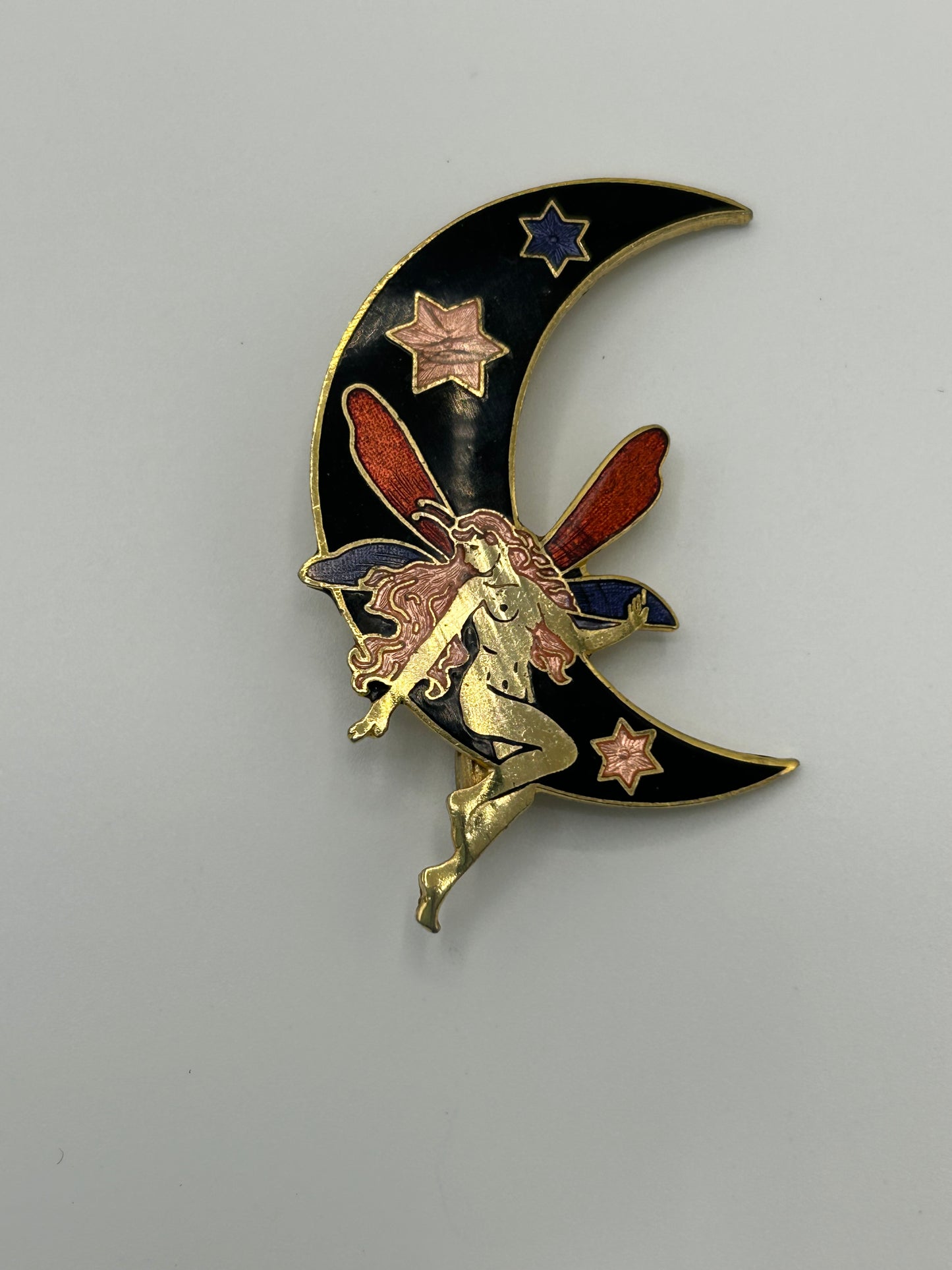 Vintage Gold Tone & Cloisonne Enamel Fairy On The Moon Pin Brooch