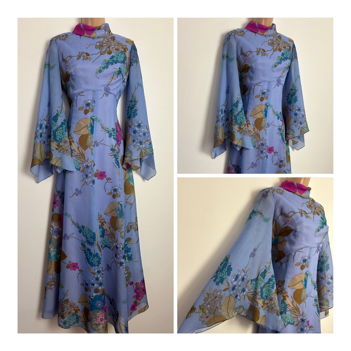 Vintage 1970s SIMPSONS Size 6-8 Blue Pink & Grey Floral Print Long Flared Sleeve Maxi Dress