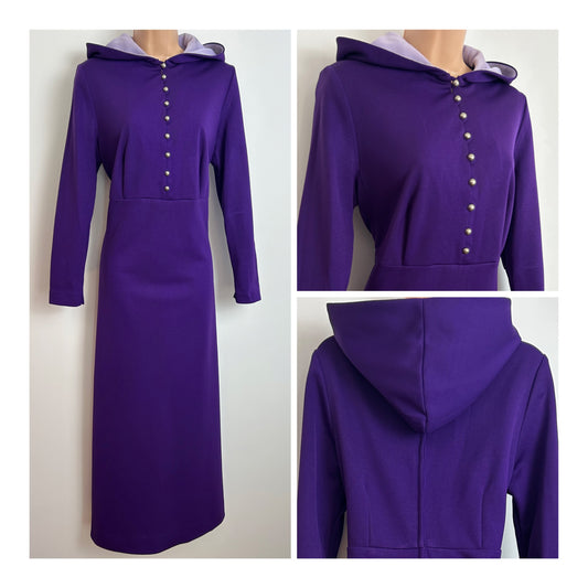 Vintage 1970s HENRIQUES OF LONDON Size 14 Purple Hooded Long Sleeve Maxi Dress