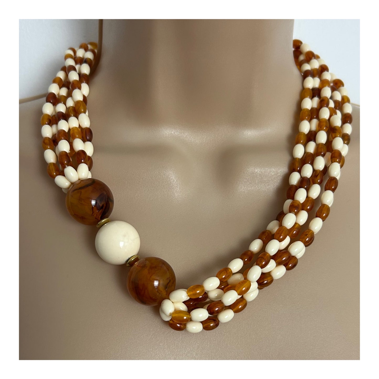 Vintage 1960s Cream & Amber Colour Plastic Bead Double Strand Necklace