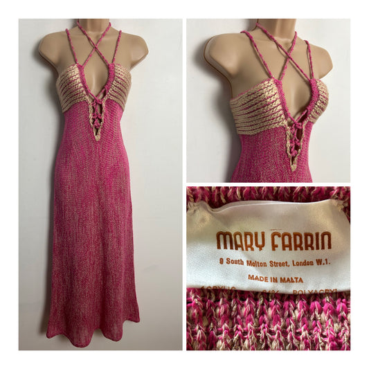 Vintage 1970s MARY FARRIN UK Size 8 Pink & Beige Strappy Lace Up Front Linen Mix Knitted Maxi Dress