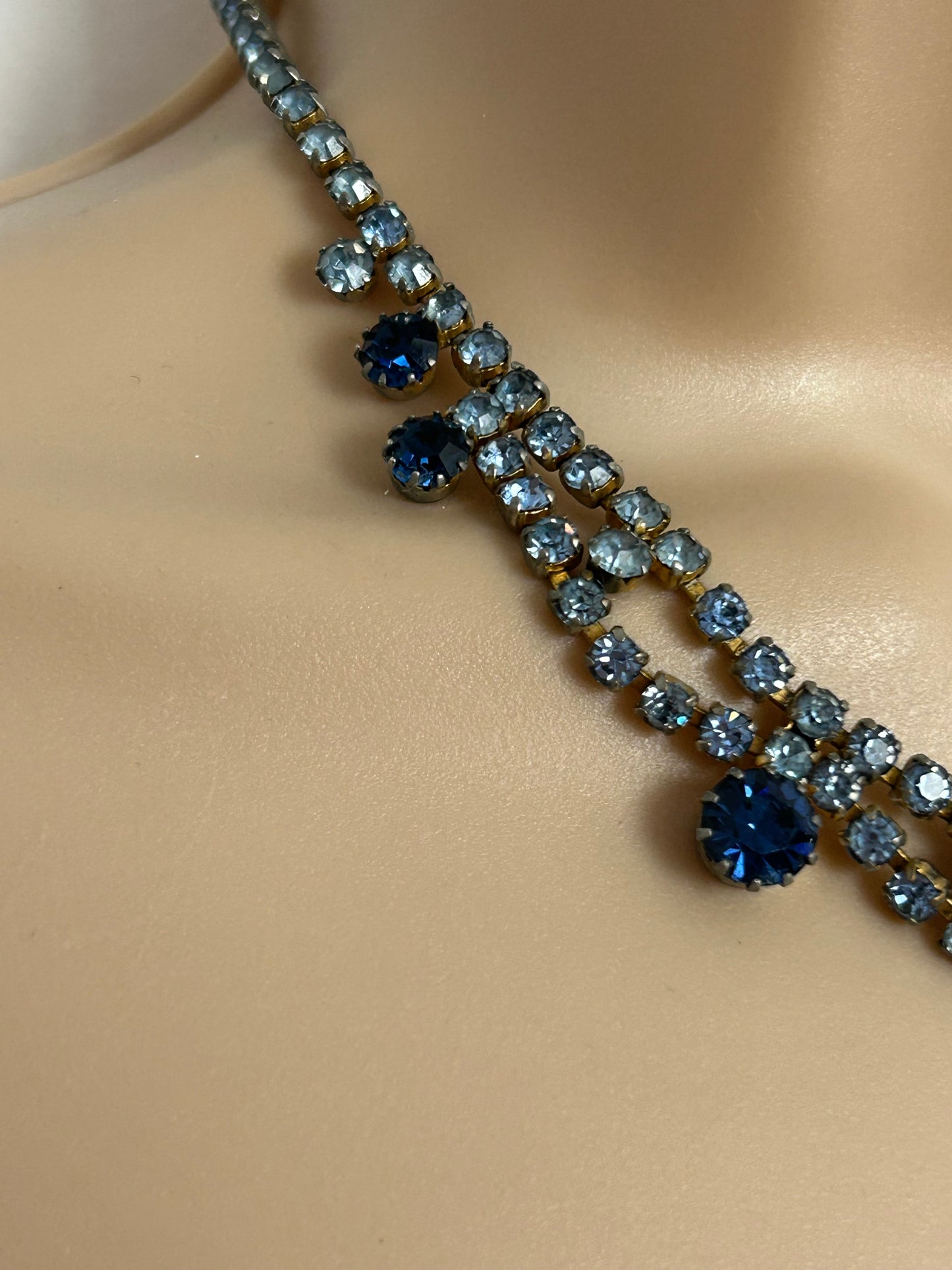 Vintage 1960s Gold Tone & Blue Diamante & Glass Stone Set Necklace