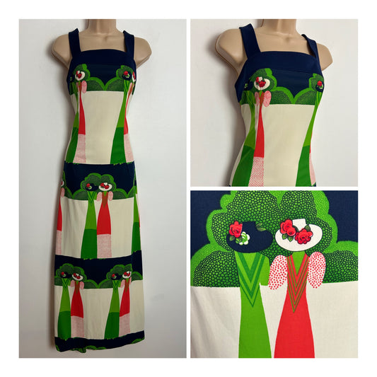 Vintage 1970s UK Size 8-10 Navy Blue Cream Green & Orange Ladies Novelty Print Maxi Dress