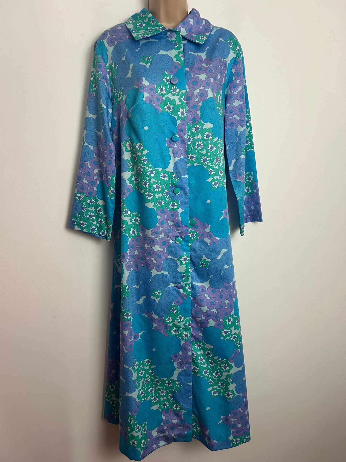 Vintage 1960s ST MICHAEL Size 14 Blue & Green Tones Floral Print Long Sleeve House Coat Dressing Gown