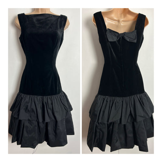Vintage 1960's DEMI DRESS UK Size 8 Black Velvet & Acetate Bow Back Fitted Wiggle Party Dress