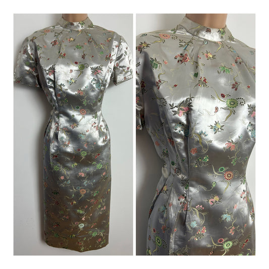 Vintage 1960s Size 12 Silver Silk Satin Floral Jacquard Fitted Xmas Party Occasion Dress