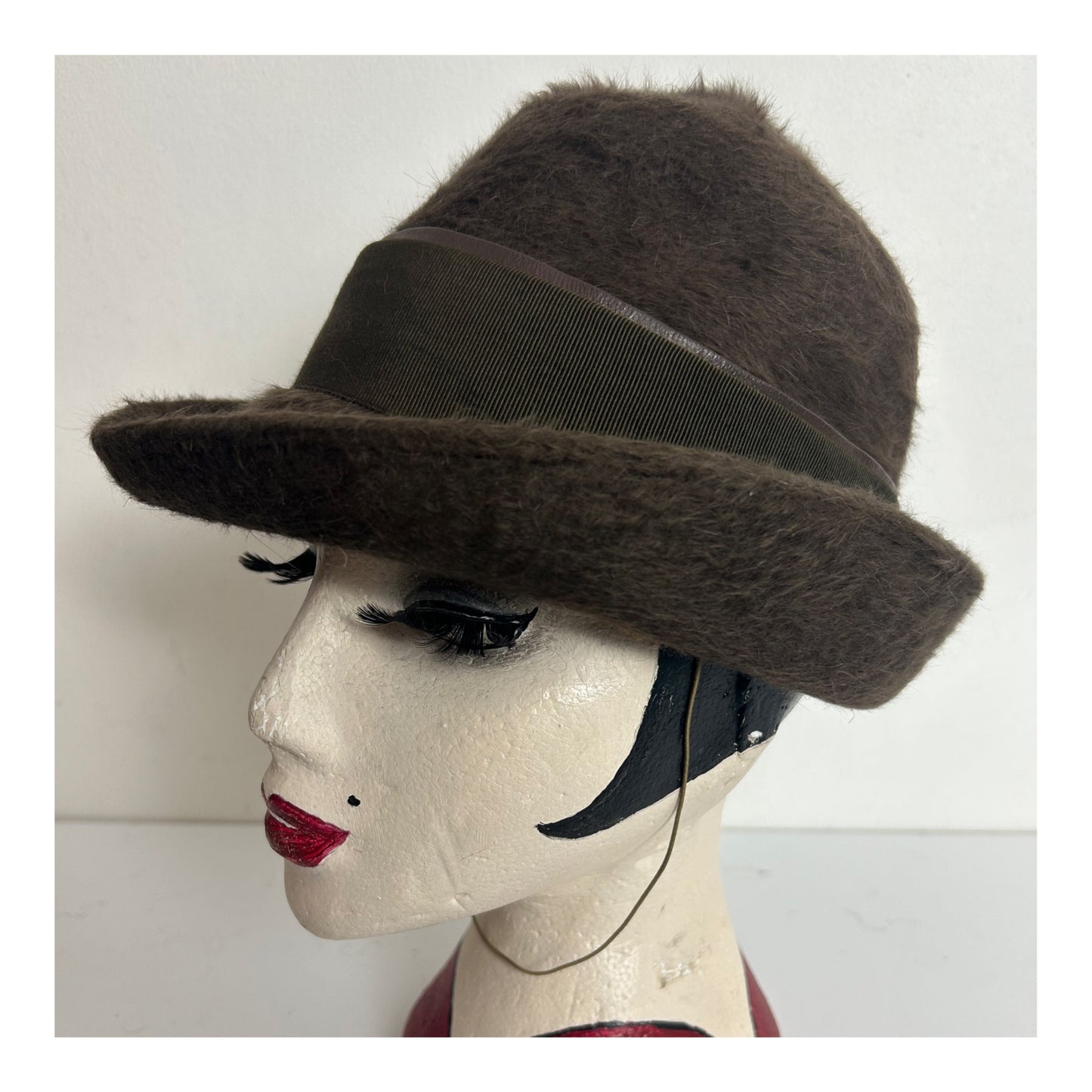 Vintage 1970s Dark Olive Green Angora Mix Austrian Peaked Hat