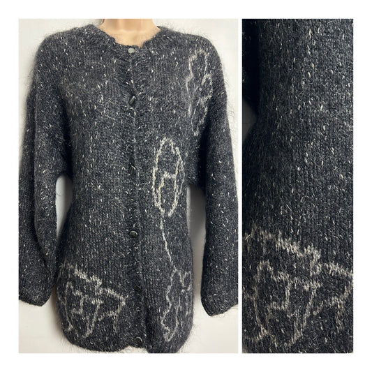 Vintage 1980s Up To Size 14 Dark Grey & Silvery Grey Floral Pattern Mohair Mix Long Sleeve Cardigan