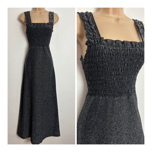 Vintage 1970s DOROTHY PERKINS UK Size 10 Black Silvery Lurex Shirred Stretchy Bodice Evening Maxi Dress