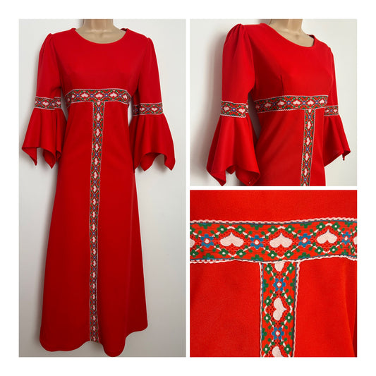 Vintage 1970s Size 10 Red & White Heart Braid Trim  Flared Cuff Boho Midaxi Dress