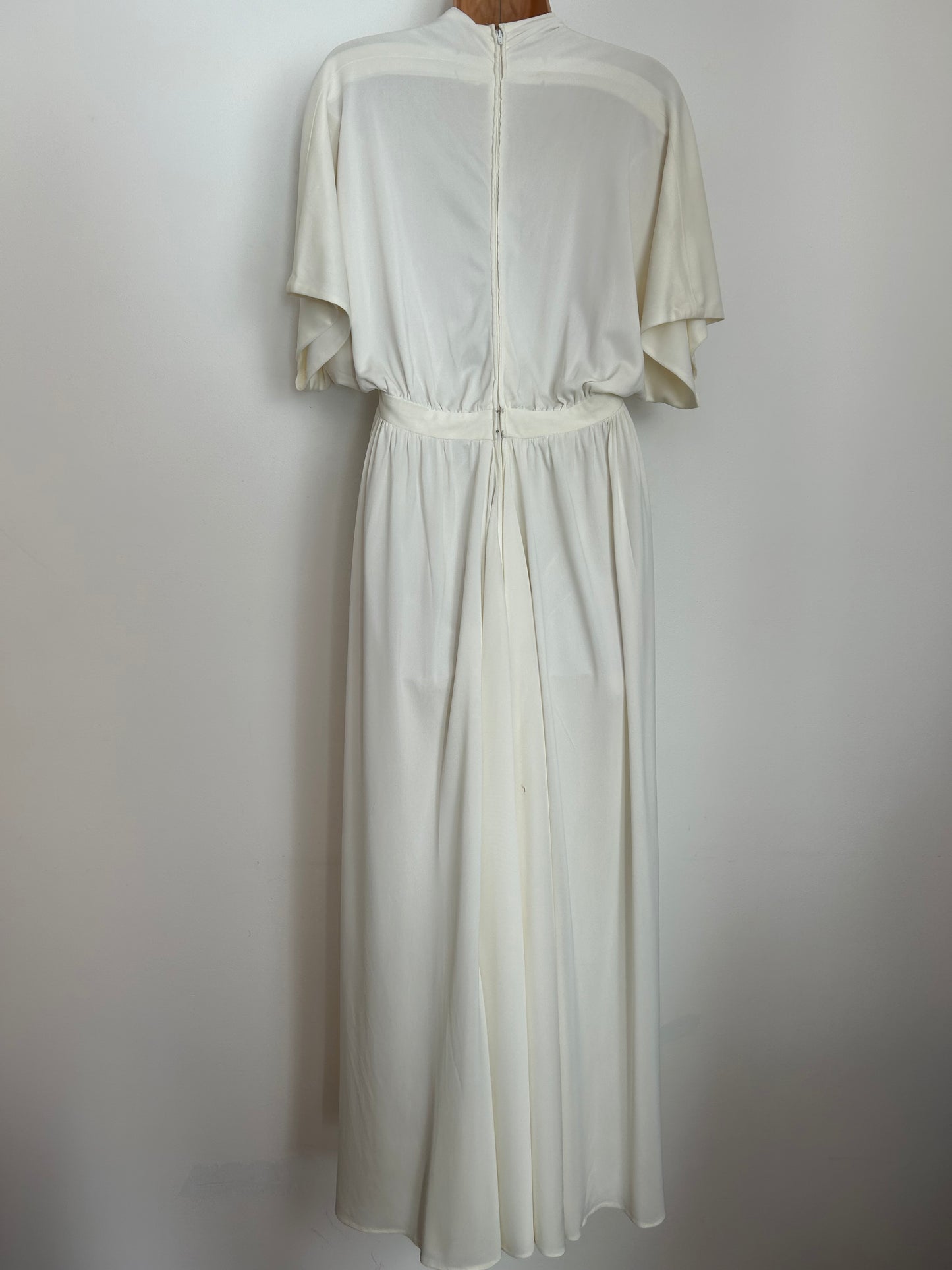 Vintage 1970s FRANK USHER LONDON UK Size 10 Ivory Short Flared Sleeve Occasion Summer Maxi Dress