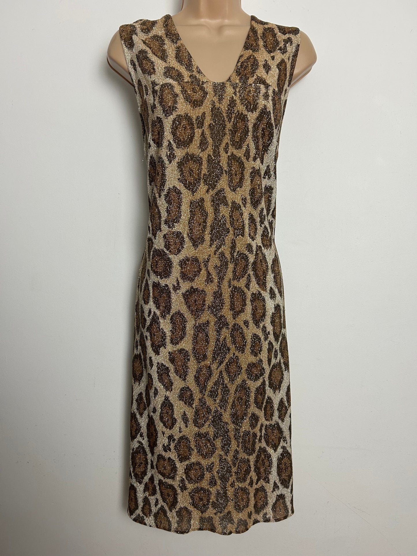 Vintage 1970s Size 12 Brown & Gold Leopard Print Lurex Sleeveless Shift Dress