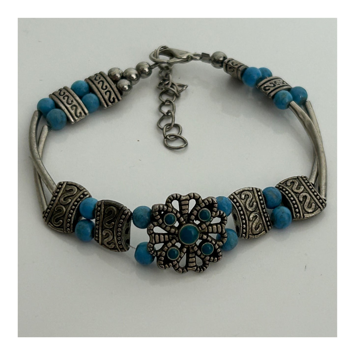 Vintage Silver Tone & Turquoise Beaded Boho Ethnic Style Bracelet