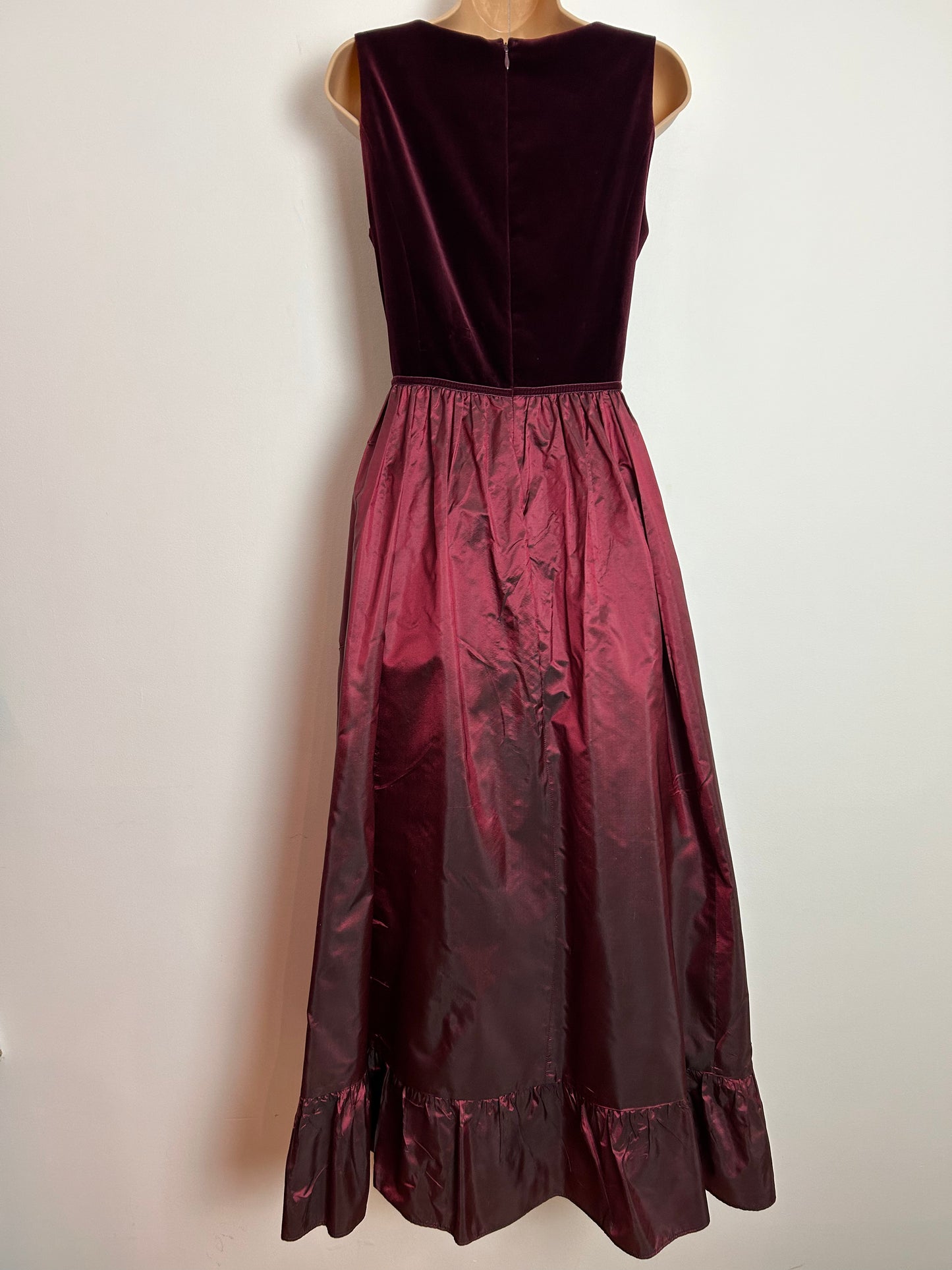 Vintage 1980s LAURA ASHLEY UK Size 12 Wine Red Velvet & Acetate Xmas Party Maxi Dress