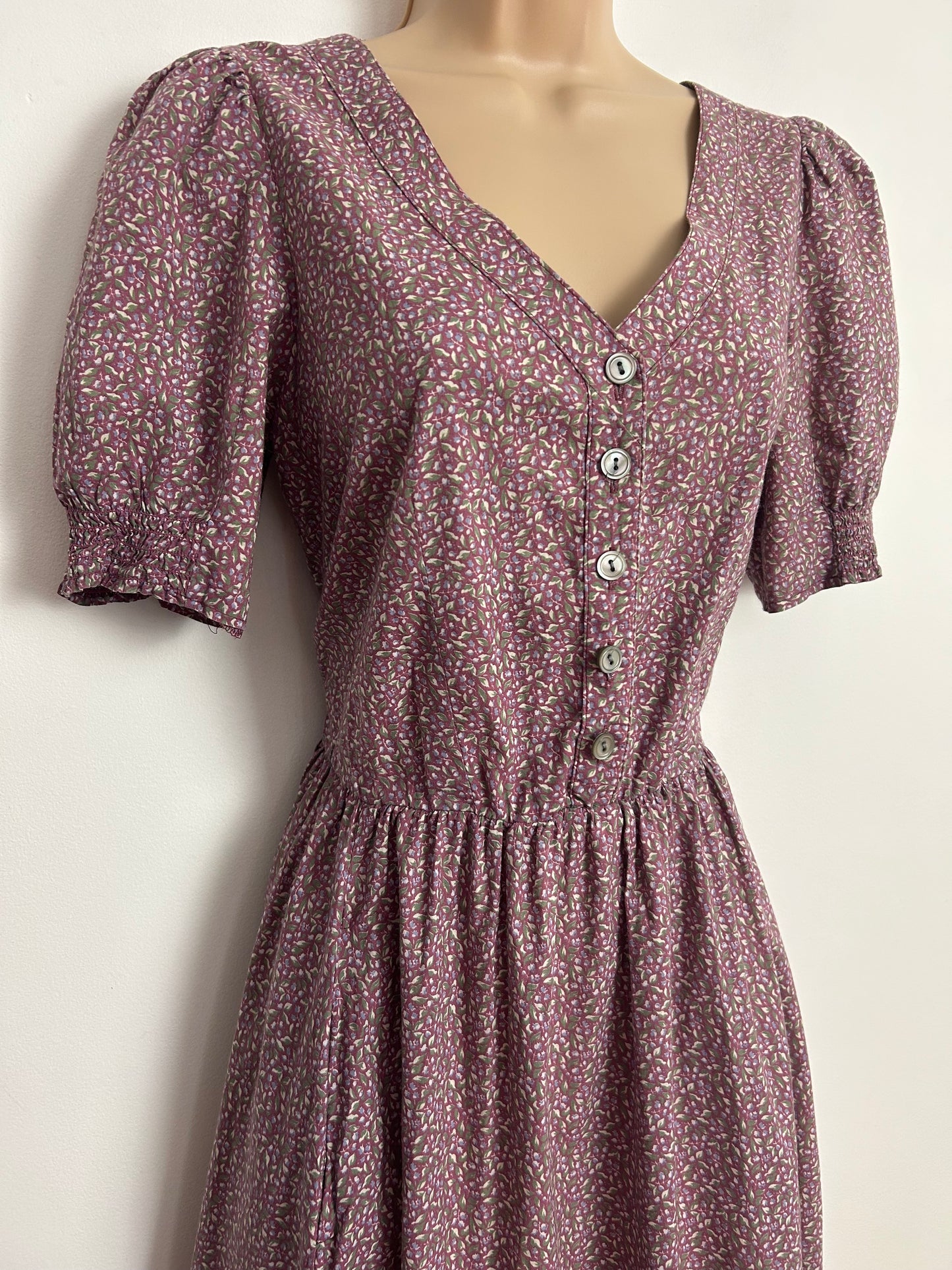 Vintage 1980s LAURA ASHLEY Size 10 (Size 14 On Label) Dark Dusky Pink Ditsy Floral Print Cotton Tea Dress