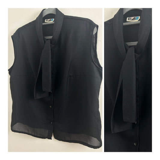 Vintage 1960s Size 16 Black Sleeveless Tie Neck Semi Sheer Blouse