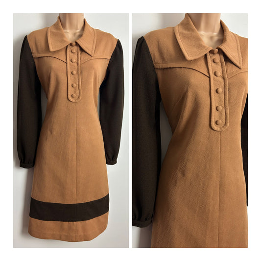 Vintage 1960s Size 12 Camel & Dark Brown Contrast Long Sleeve Crimplene Mod Shift Dress