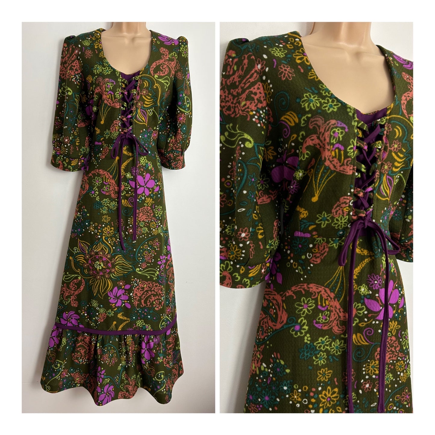 Vintage 1970s SUSAN KATE UK Size 12 Dark Green Purple & Rusty Orange Floral Print Lace Up Front Boho Maxi Dress