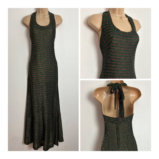 Vintage Late 1960s ARISTOS OF LONDON CARNABY ST UK Size 6 Black Bronze & Green Lurex Stripe Halterneck Occasion Maxi Dress