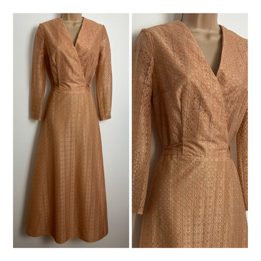 Vintage 1960s ELDAMO Size 10 Sandy Beige Floral Lace Tie Back Long Sleeve Maxi Dress