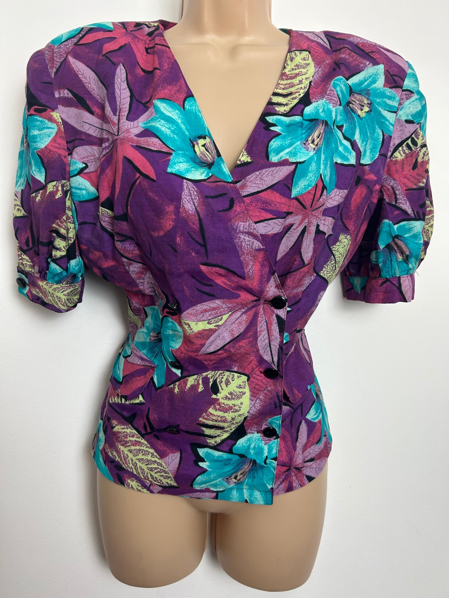 Vintage 1980s Italian Size 12 Purple & Turquoise Floral Print Short Sleeve Peplum Blouse/ Top