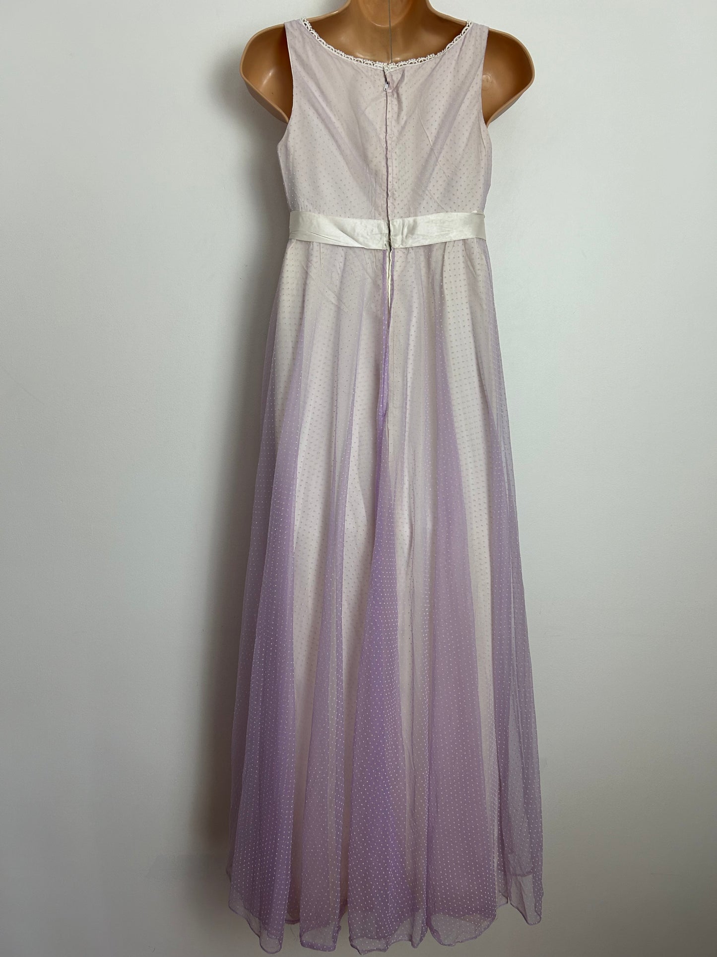 Vintage 1960s JEAN VARON Pale Lilac & Cream Swiss Dot Ribbon & Bow Detail Empire Line Maxi Dress