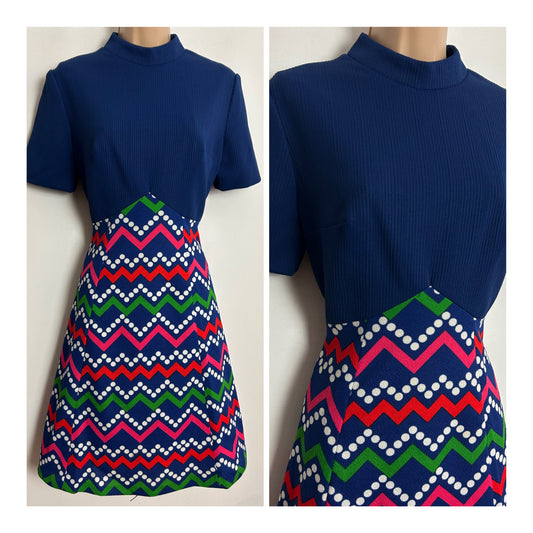 Vintage 1960s UK Size 10 Navy Blue Pink Red Green & White Zig Zag Stripe & Spot Print Mod Dress