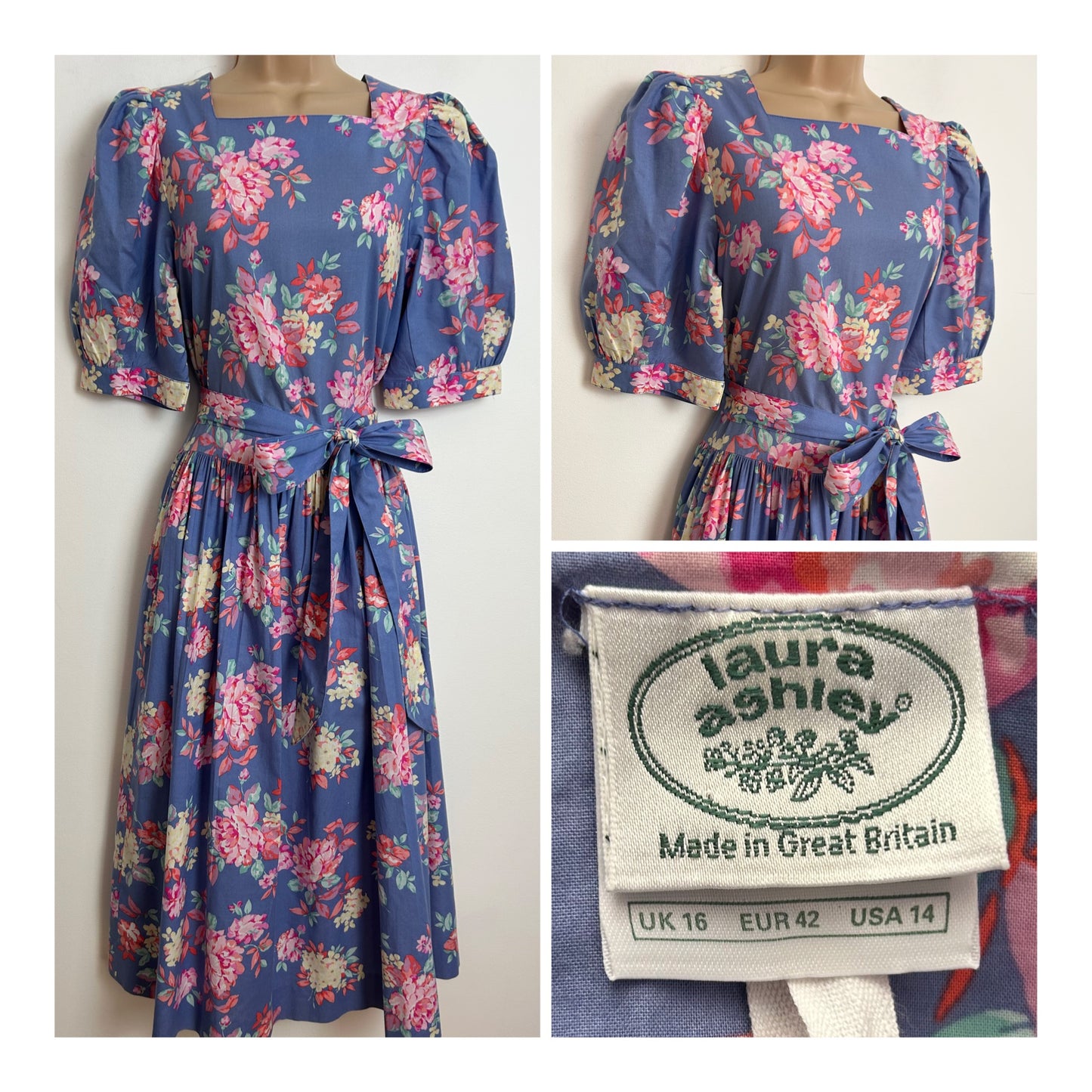 Vintage 1980s LAURA ASHLEY Size 12 (Size 16 On Label) Blue Pink & Coral Floral Print Cotton Belted Midi Dress