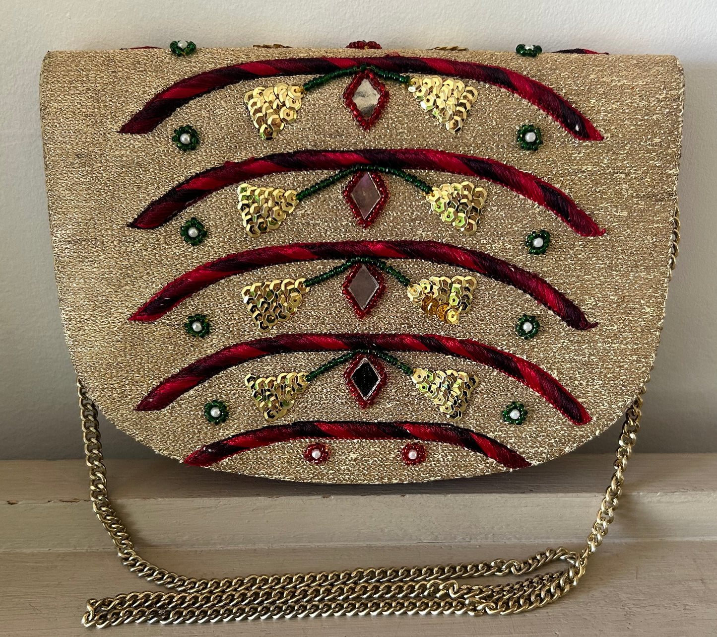 Vintage 1970s REGAL Small Red & Metallic Gold Mirror Sequin Bead & Embroidered Detail Shoulder Bag