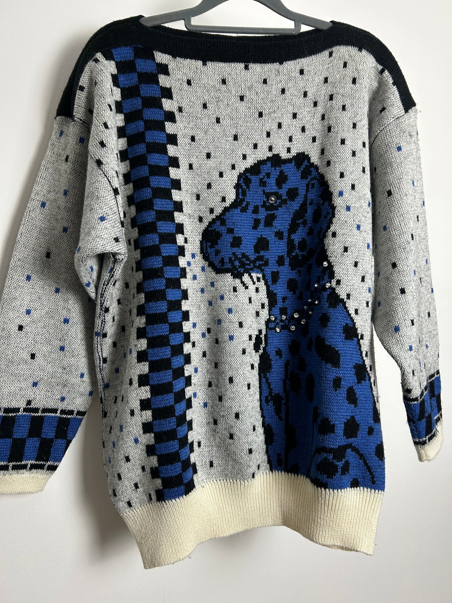 Vintage 1980 1990s Up To Size 14/16 Grey Black & Blue Dalmatian Dog Sequin & Bead Detail Long Sleeve Jumper