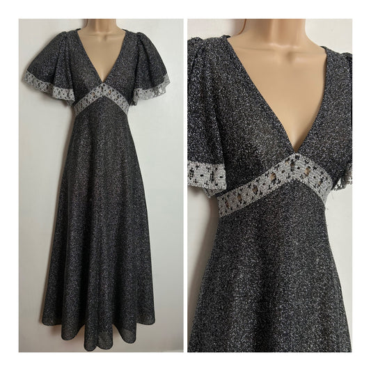 Vintage 1970s RICHARD SHOPS UK Size 6 Black & Silver Lurex Lace Trim Short Flared Sleeve Evening Maxi Dress