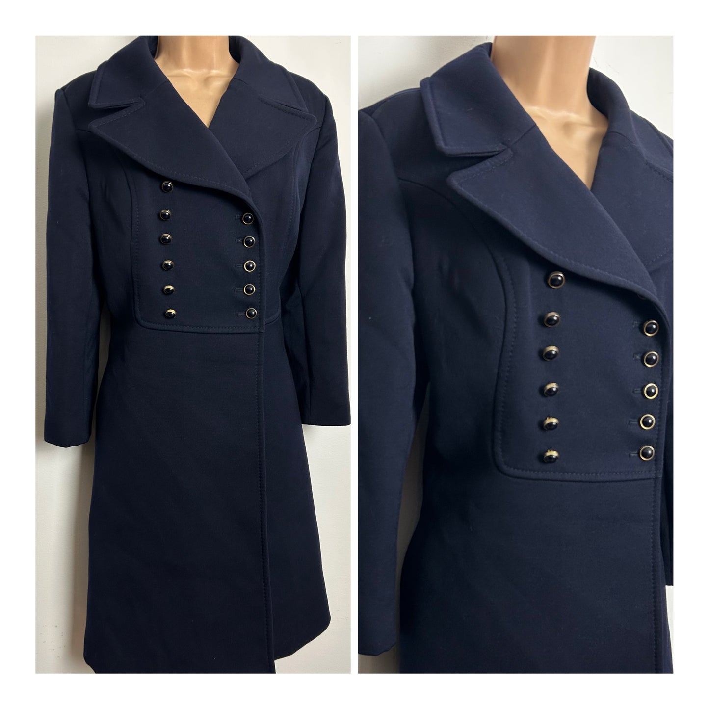 Vintage 1970s KEMPER Size 12 Navy Blue Pure New Wool Double Breasted Military Style Pea Coat