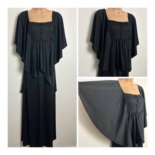 Vintage 1970s Size 10 Black Layered Short Wide Sleeve Occasion Boho Maxi Dress